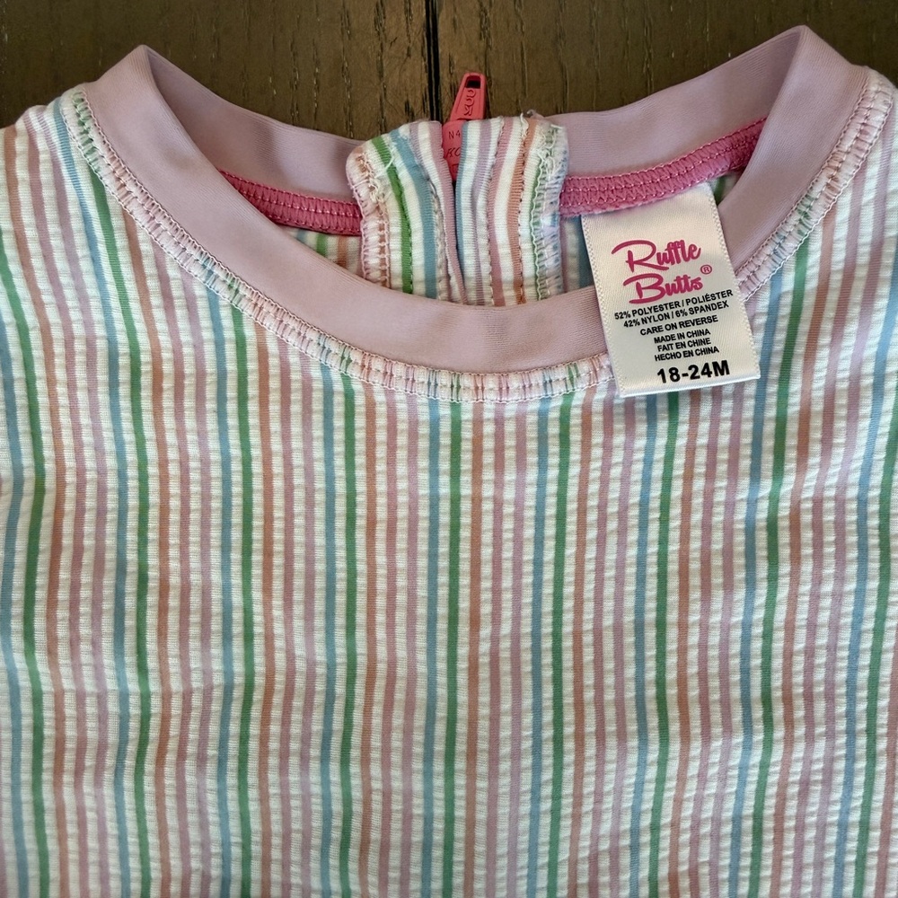 Ruffle Butts Girls’ Pink Pastel Seersucker Long-Sleeve Swimsuit • Size: 18-24M - Picture 4 of 10